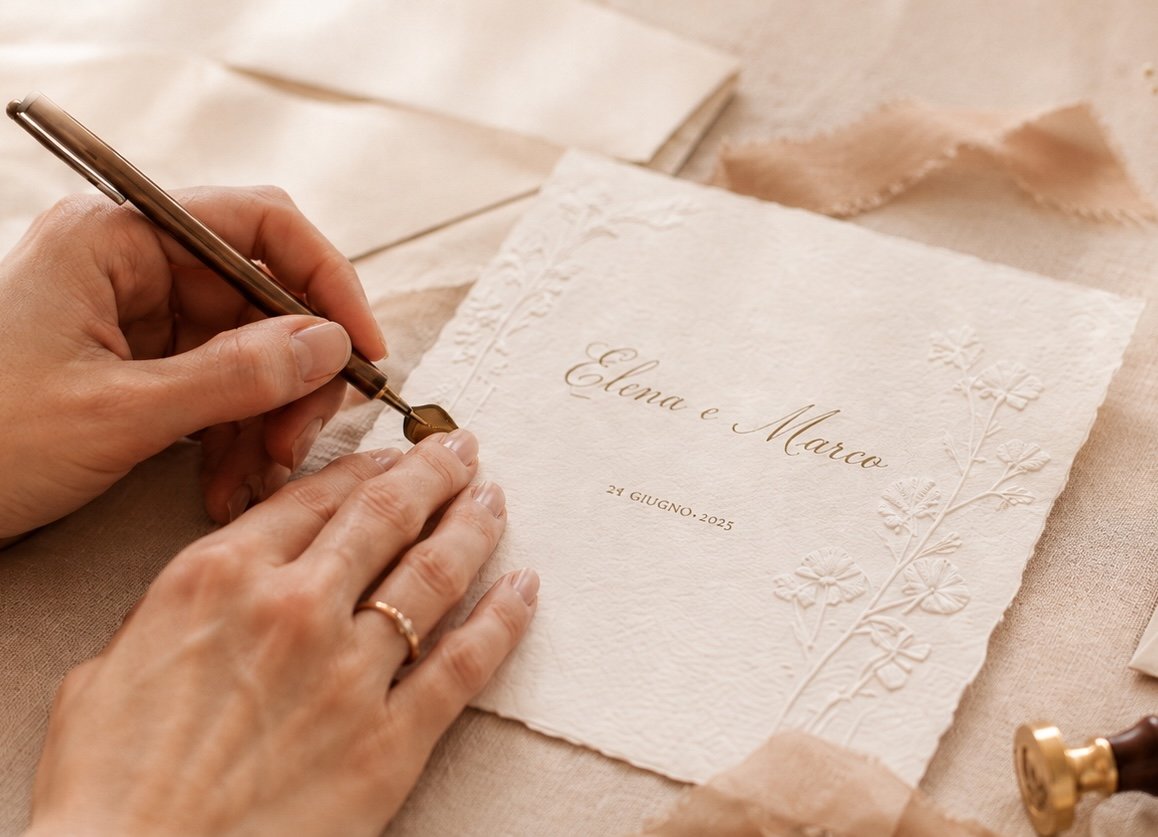 Dettaglio artigianale di partecipazioni matrimonio