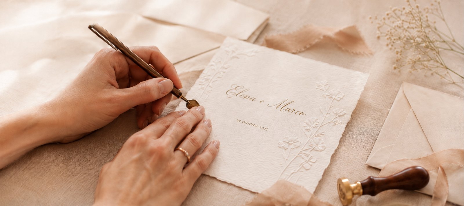 Dettaglio artigianale di partecipazioni matrimonio